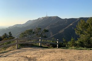 Picture of Mount Hollywood with Hollywood sign in distance and split rail fence in foreground