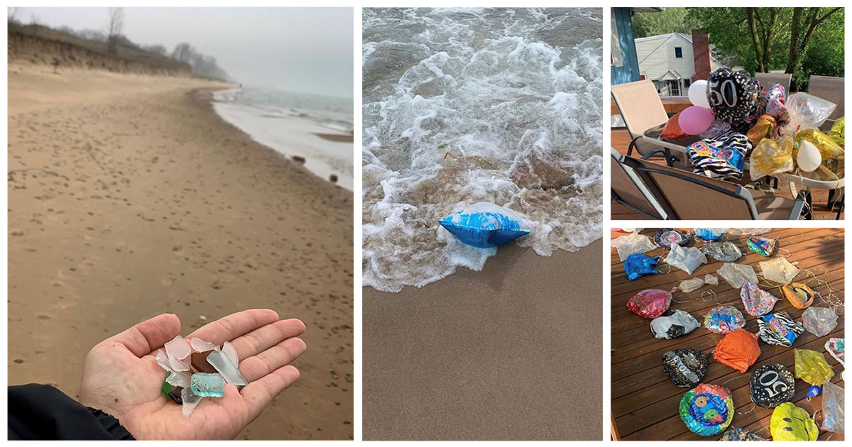 EnviroForensics employee picks up beach glass and balloon trash on the beaches of Lake Michigan.
