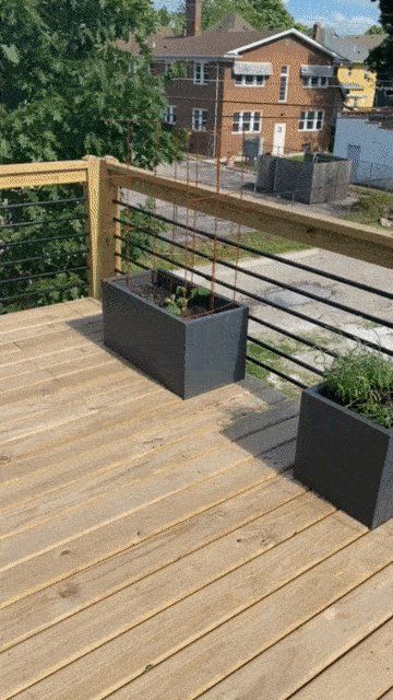Plants in ceramic rectangular planters on a second story wooden deck