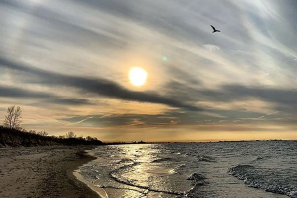 Picture of shoreline at sunset with Chicago skyline in the distance taken from the Indiana Dunes National Lakefront