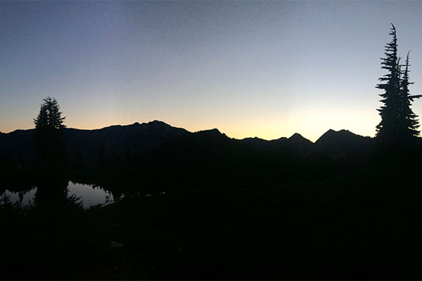 Picture of the sun rising behind silhouetted mountains and pine trees in Olympic National Park