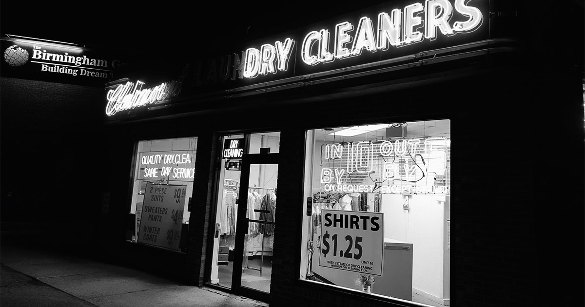 Black and white picture of a drycleaner