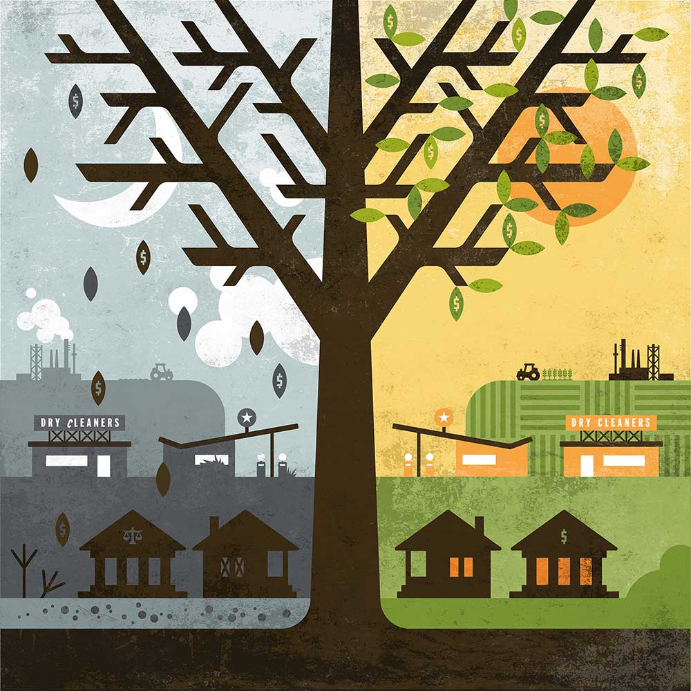 EnviroForensics’ business concept illustrated with an infographic of a polluting industries before environmental contamination cleanup on the left side of the tree and after on the right. 