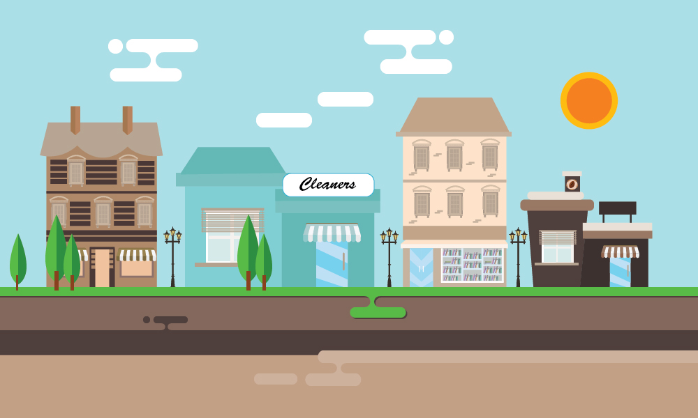 An illustrated concept of a strip mall with a drycleaner above a cross-section of the subsurface. This concept shows how environmental contamination impacts more than just the source area.